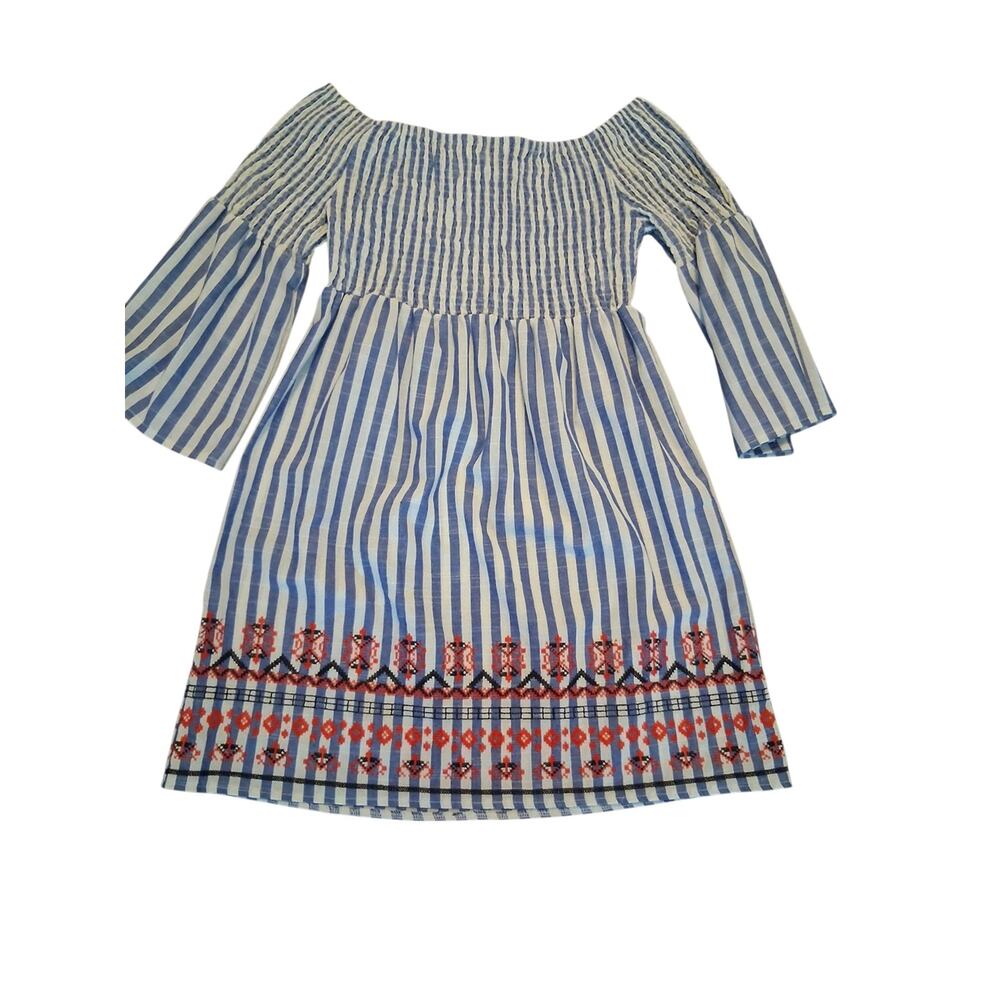 Braeve Coastal Boho Embroidered Cotton Mini Dress Bell Sleeve M - Picture 4 of 9
